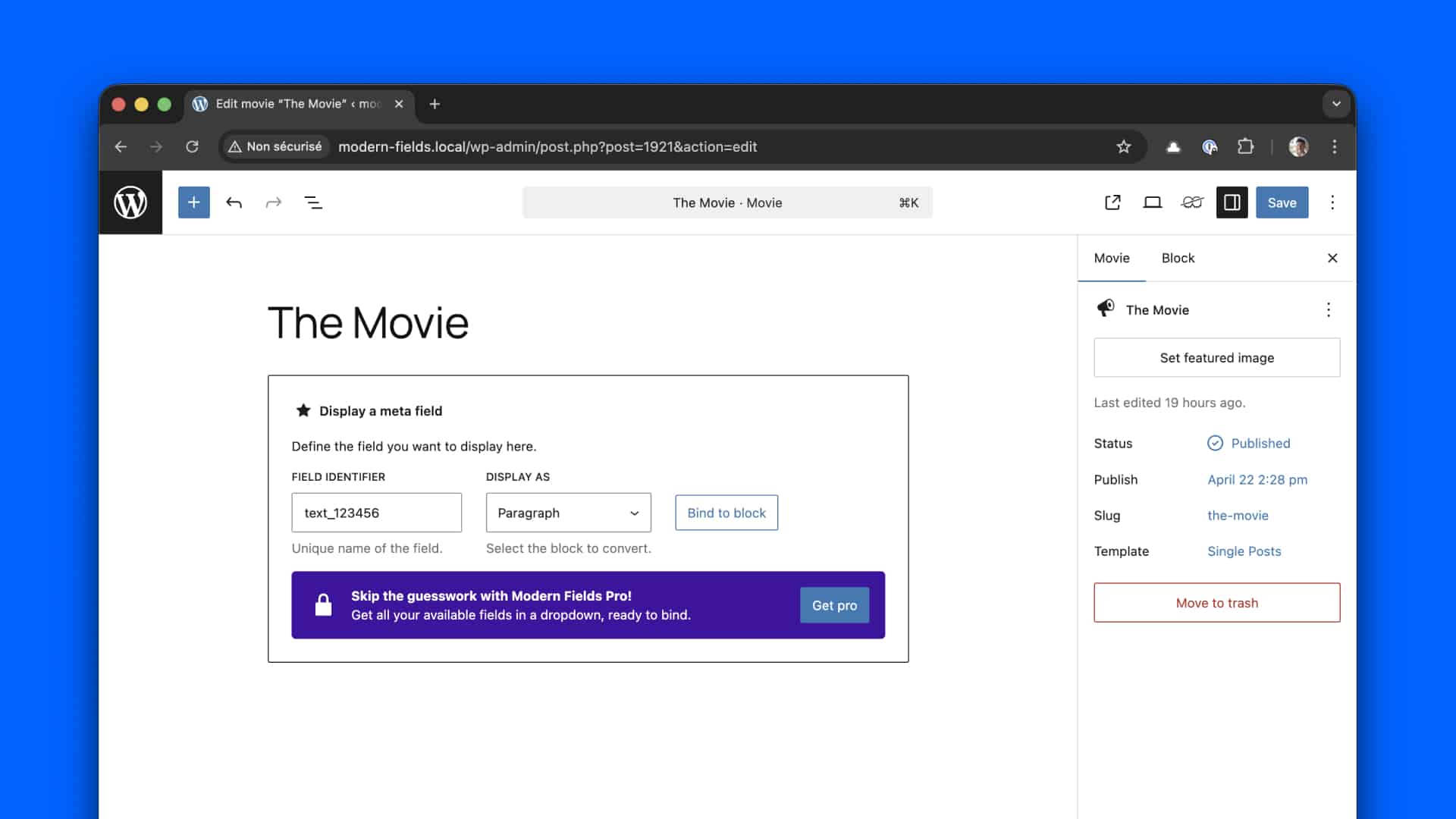 The field value block interface, where you can paste the field id.