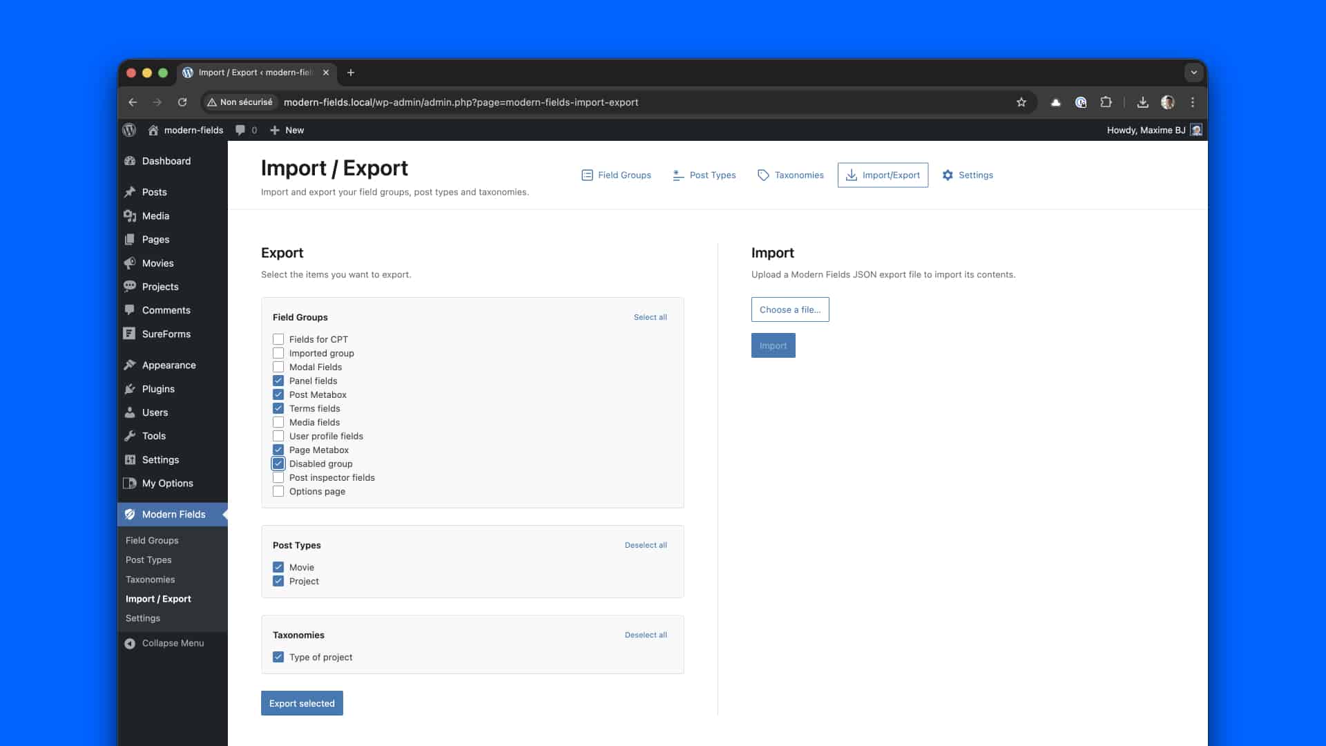The export interface in Modern Fields.