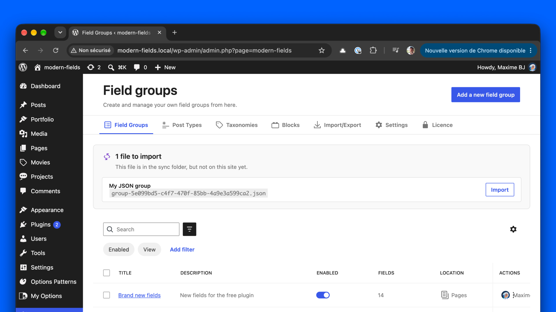 The Fields groups in Modern Fields. One file is ready for import.