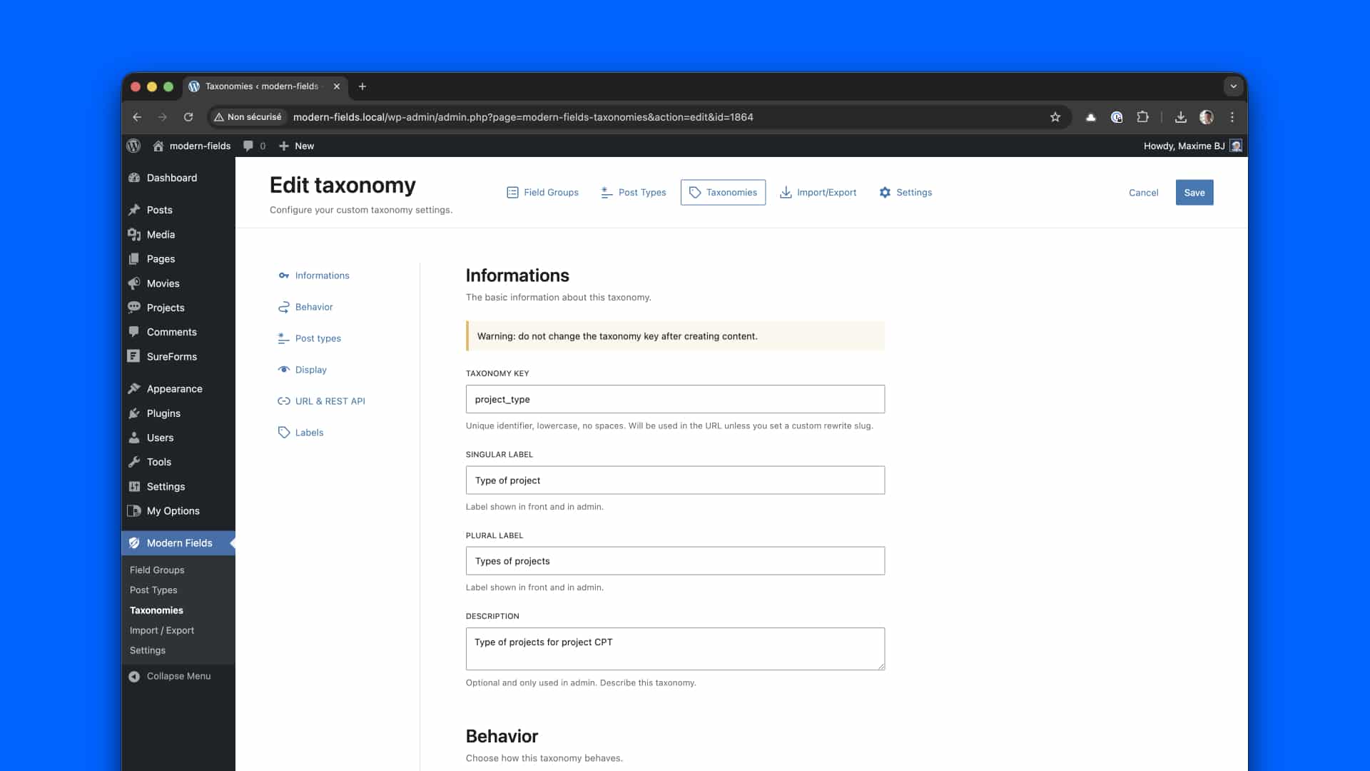 The Modern Fields Taxonomy user interface