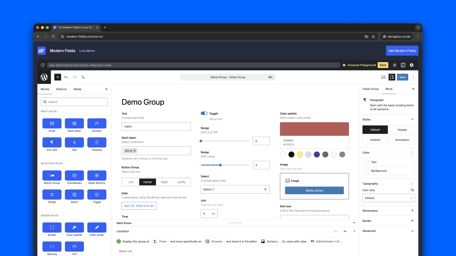 Modern Fields plugin live demo on your browser.