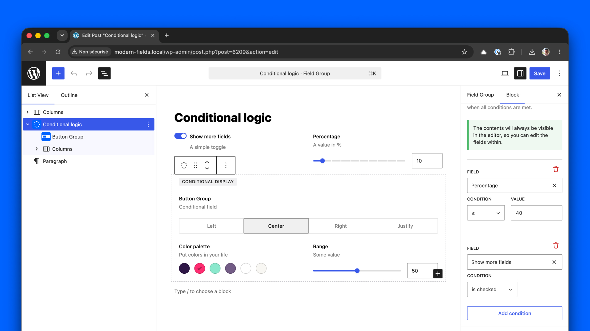 The conditional container and its inner fields.