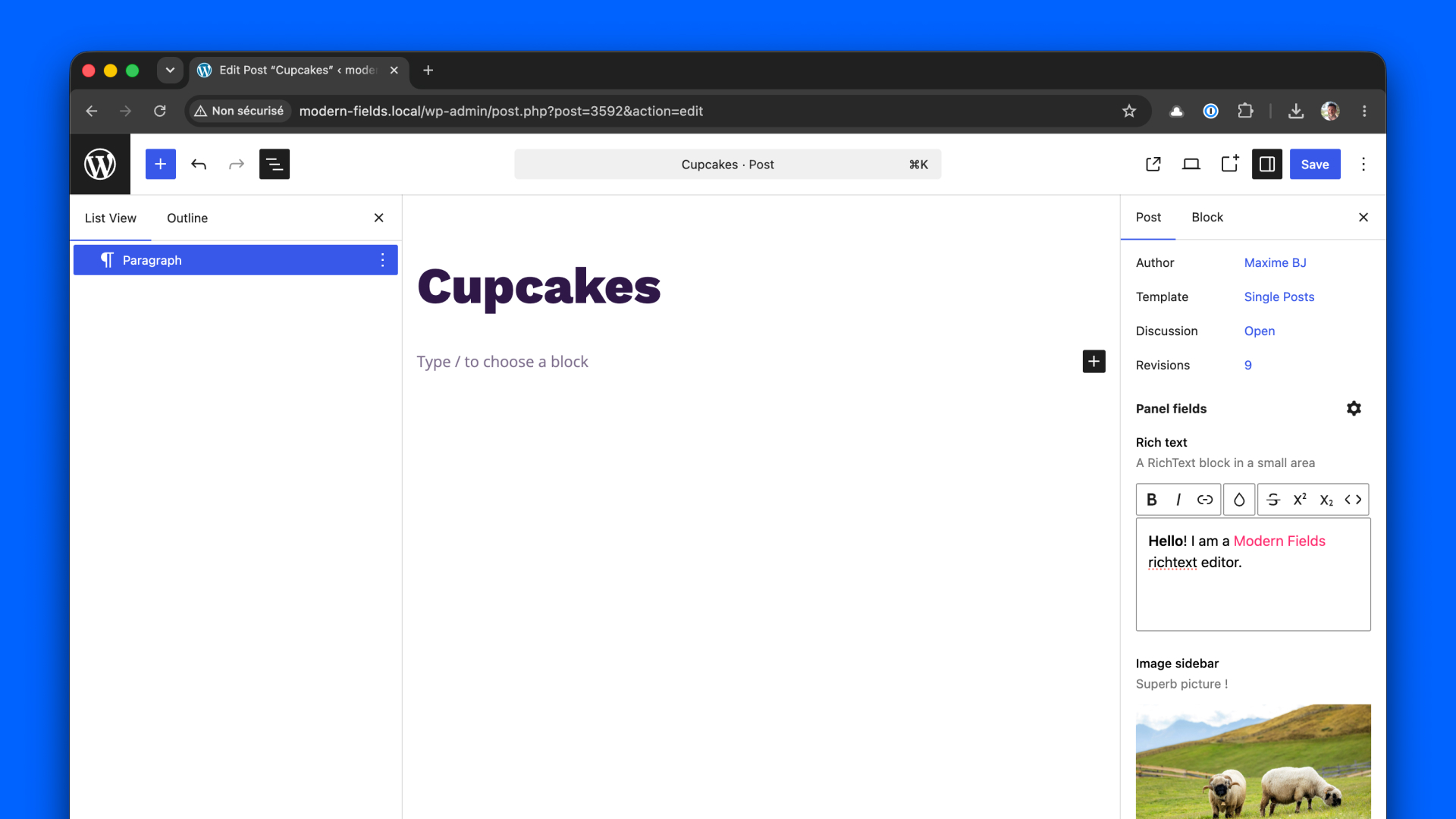Modern Fields added in the inspector toolbar.