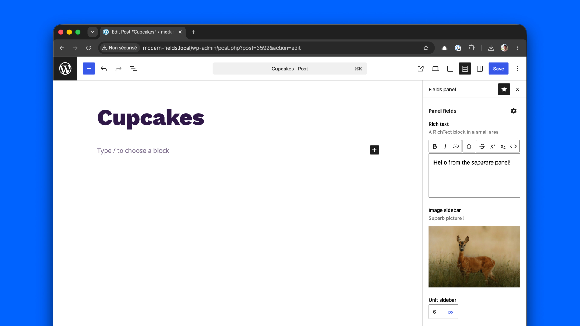 Fields in a separate panel, replacing the inspector toolbar.