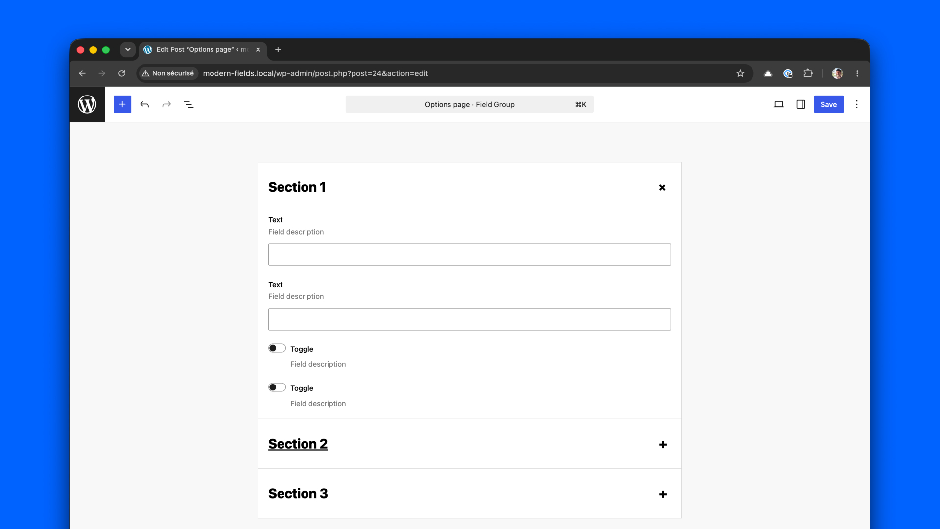 Options pages pattern with accordions sections. Only one is opened at once.