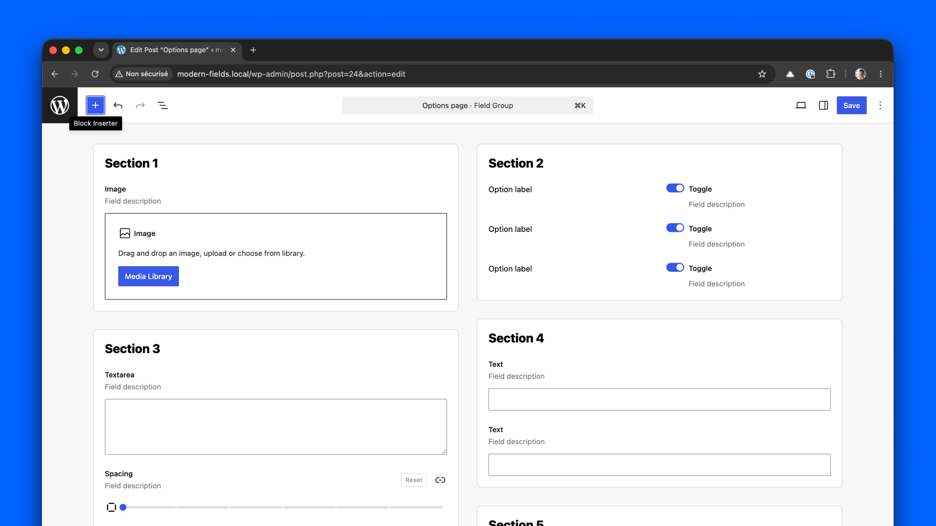 Options pages pattern with boxes in columns.