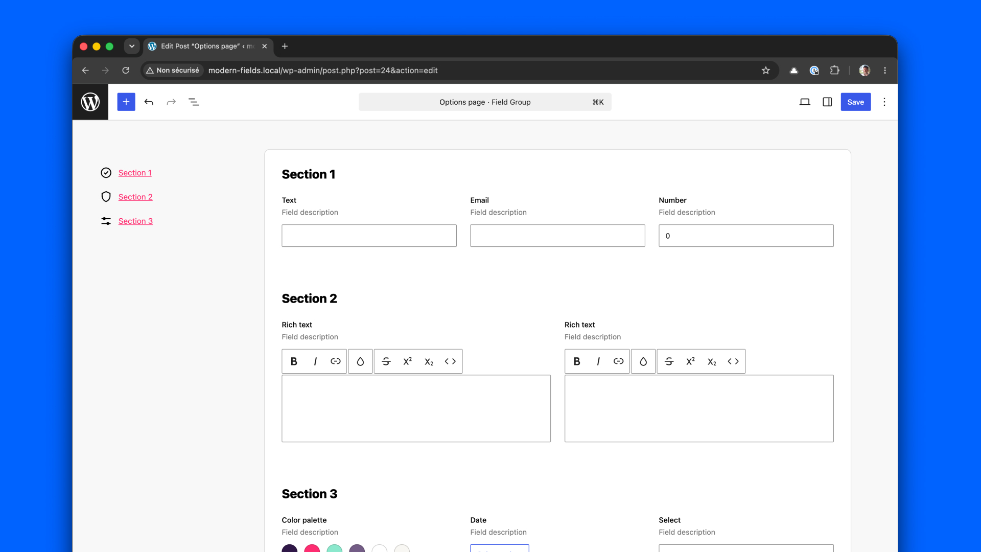 Options pages pattern with navigation on the left side that allows user to jump to a specific section.