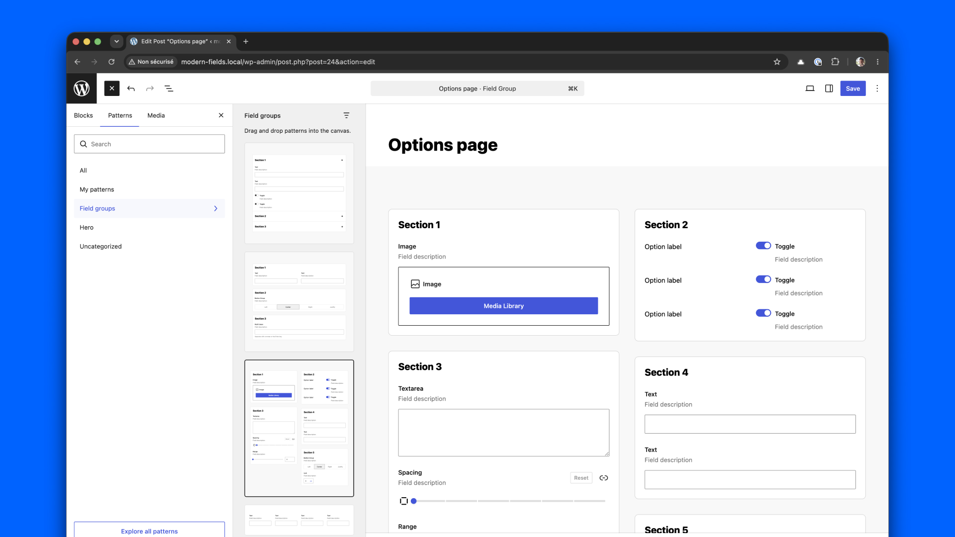 The available options pages patterns in Modern Fields.