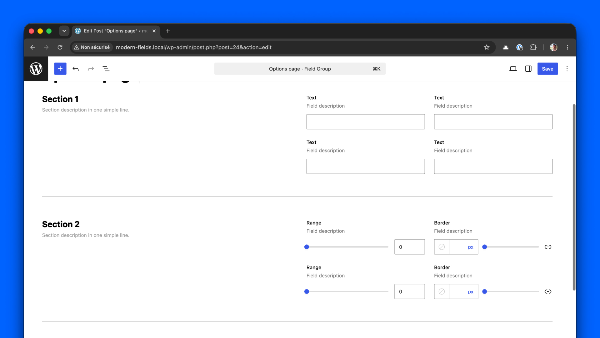 Options pages pattern with delimited sections and fields on the right.