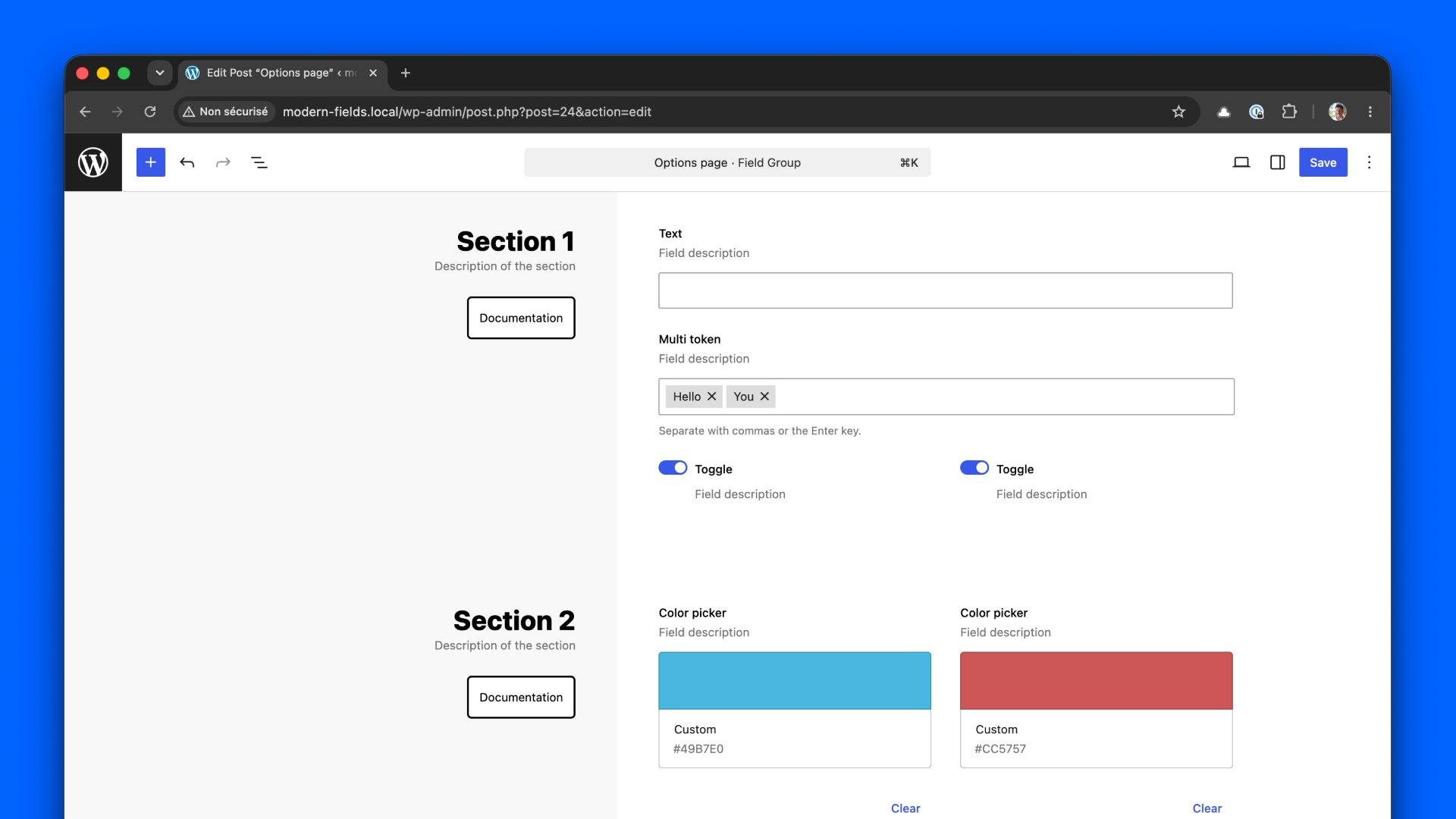 Options pages pattern with a big grey sidebar on the left.