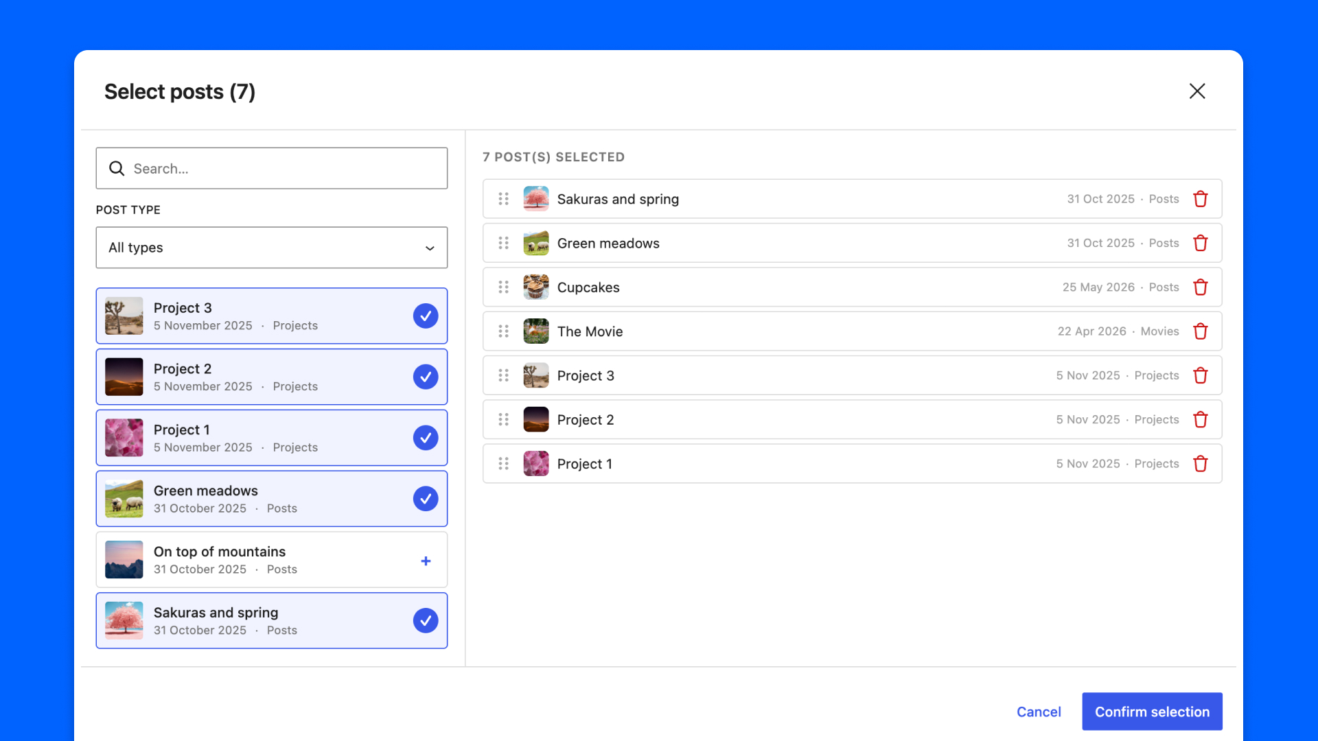 The relation field modal for selecting posts.